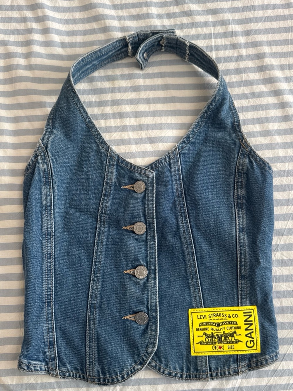 GANNI Denim Halter Button-Front Top - Blue
